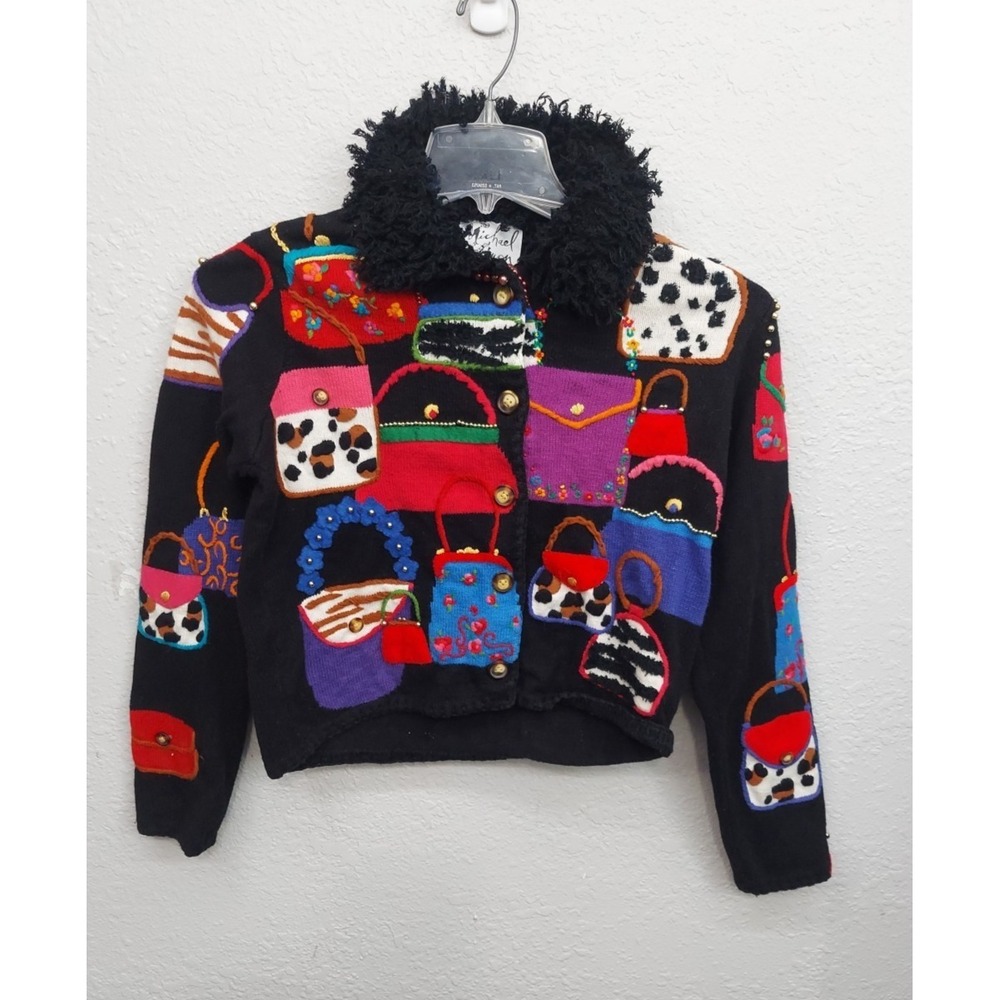 Michael Simon Sweater Womens Medium Black Purses Cardigan Button Up 90s